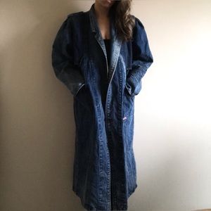 80s Vintage Denim Trench Coat Jean Jacket Long Longline Acid Wash Oversize Rare